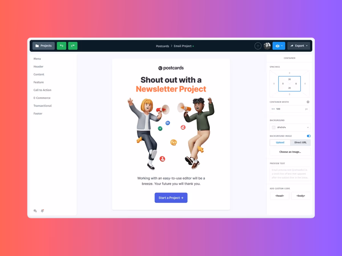 Designmodo Postcards — AI інструмент для створення дизайну електронних листів Основне зображення