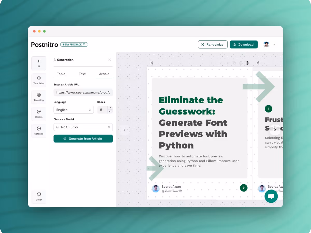Postnitro — AI інструмент для створення каруселей для соціальних мереж Основне зображення