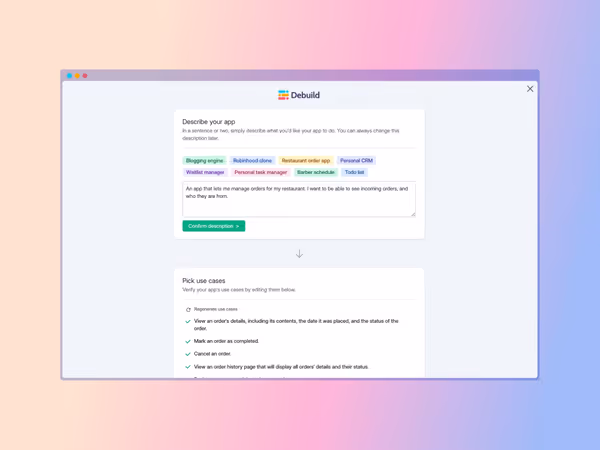 Debuild — AI інструмент для генерації коду та інтерфейсу додатка Основне зображення