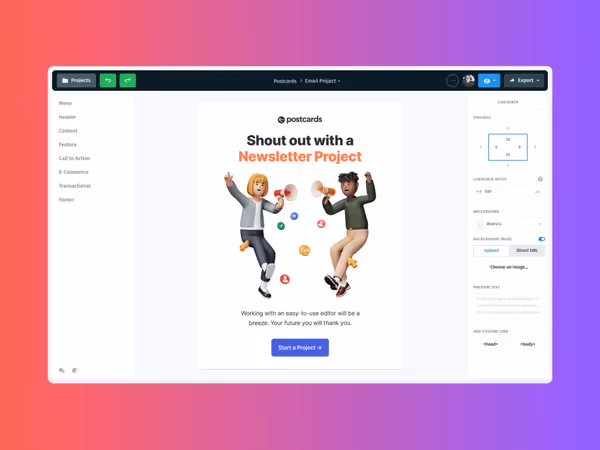 Designmodo Postcards — AI інструмент для створення дизайну електронних листів Основне зображення